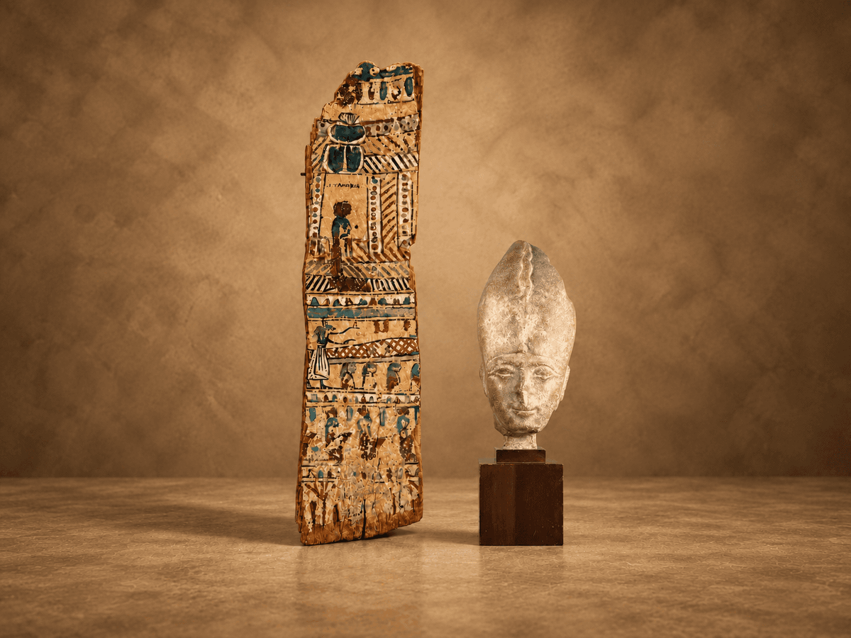 Horizontal museum-style display featuring an ancient Egyptian painted sarcophagus fragment with colourful hieroglyphic decorations alongside a sculpted pharaonic head on a wooden pedestal, set against a warm textured brown background.