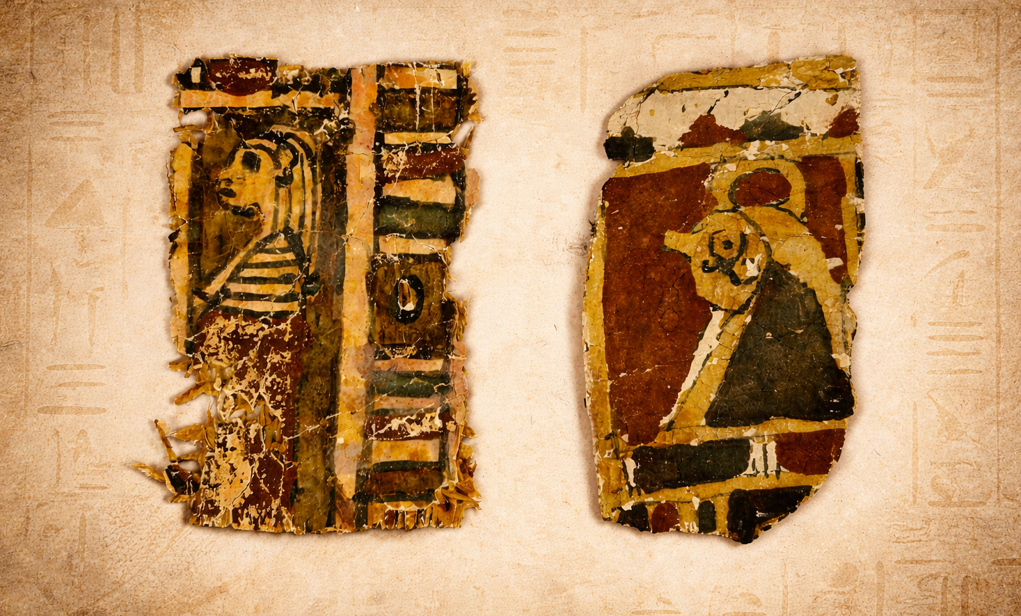 Ancient Egyptian polychrome sarcophagus fragments with painted falcon and ibis figures from Late Period Egypt