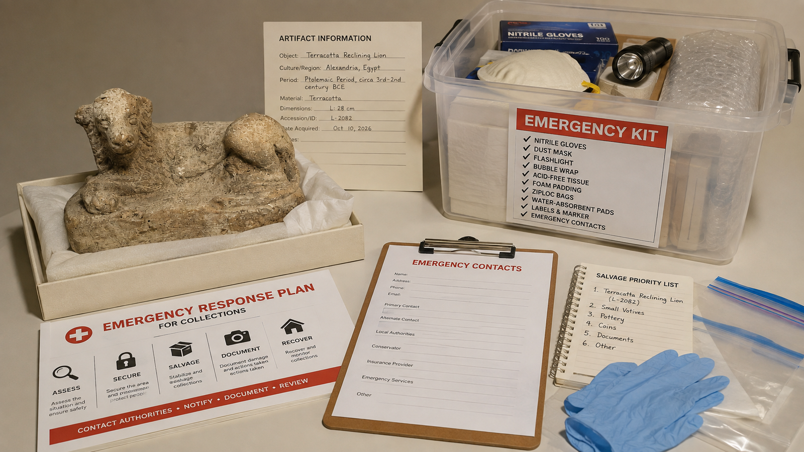 Ancient Egyptian terracotta reclining lion displayed beside an emergency response kit, conservation supplies, contact records and a collection salvage plan.