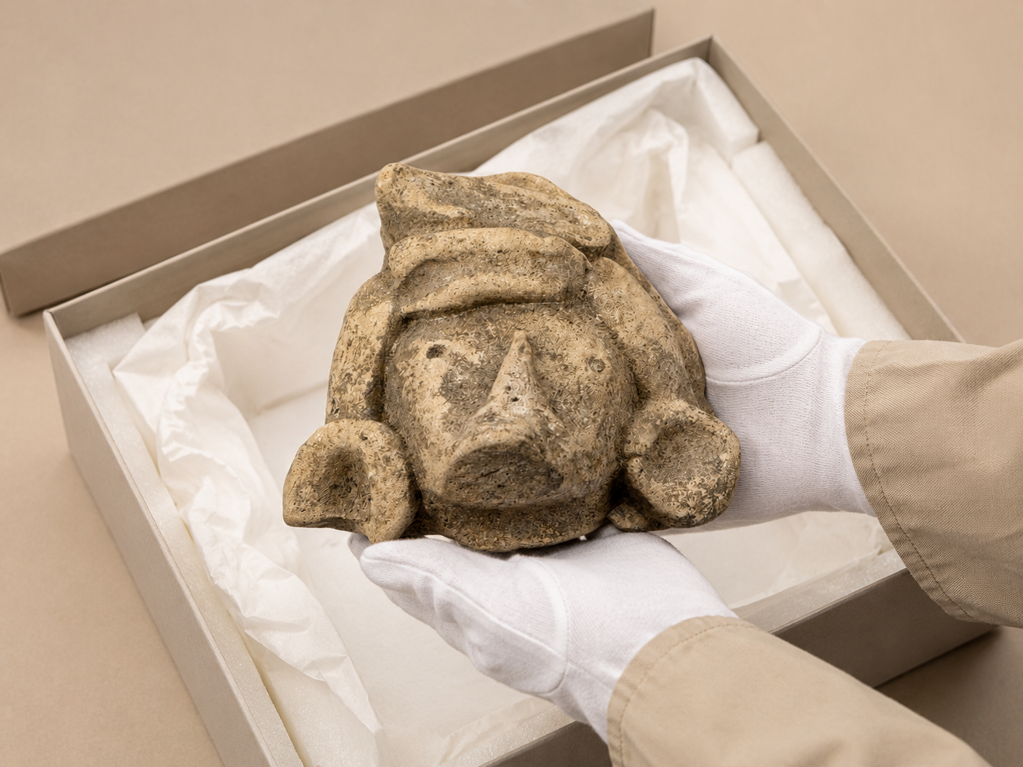 Gloved hands carefully supporting an ancient Mesoamerican carved stone head fragment above a padded archival box during safe unpacking.