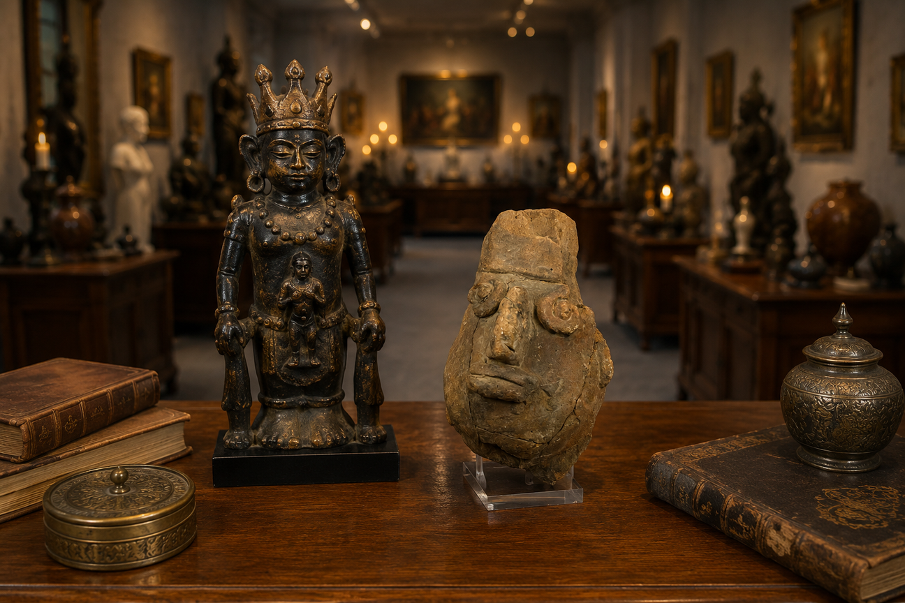 Ancient Mesoamerican carved stone head fragment displayed beside a bronze ritual figure on a wooden table in a warmly lit museum gallery with historic artifacts in the background.