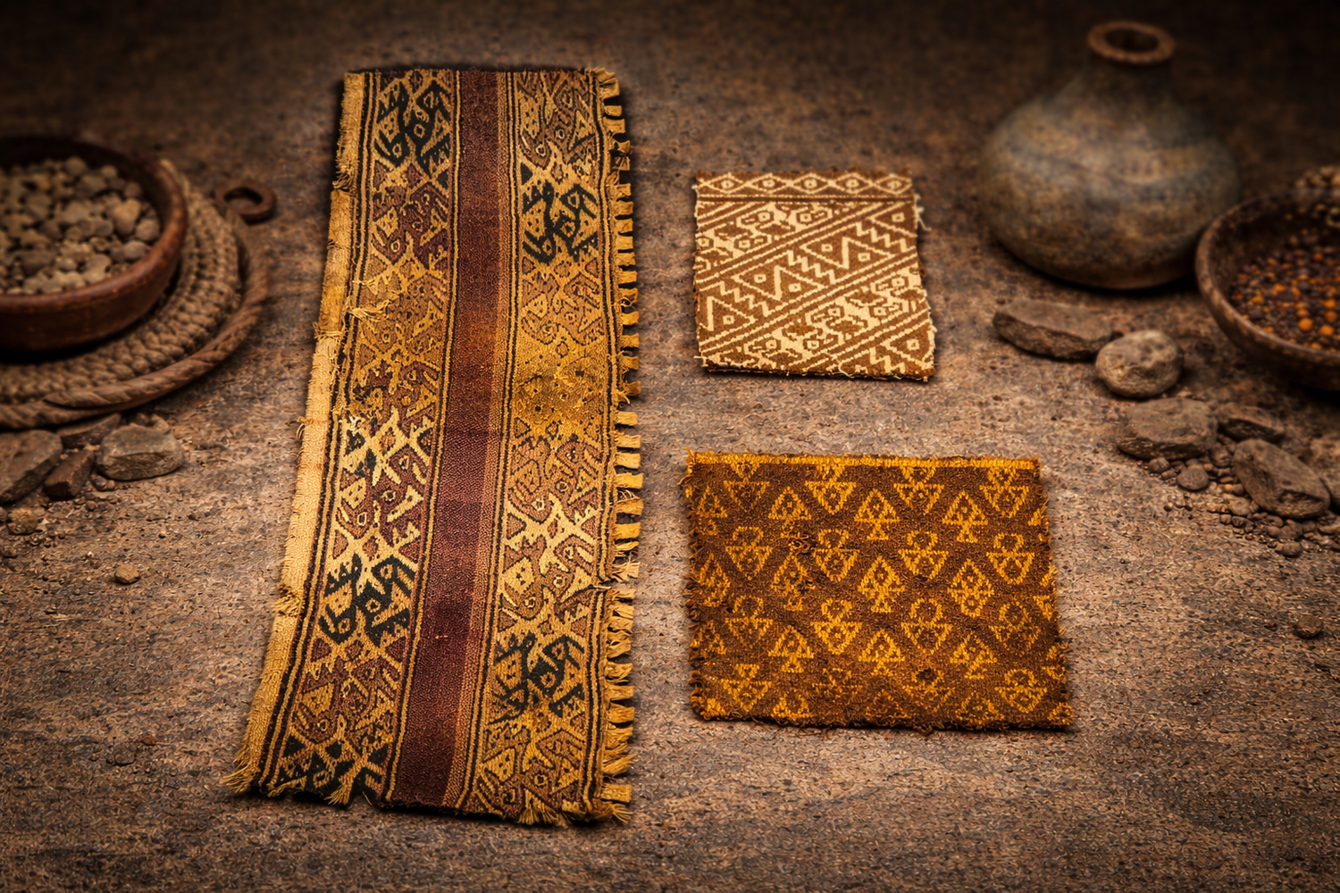 Three ancient Peruvian textile fragments from the Andes region, circa 1000–1470 CE, featuring intricate geometric woven patterns displayed on an archaeological-style background.