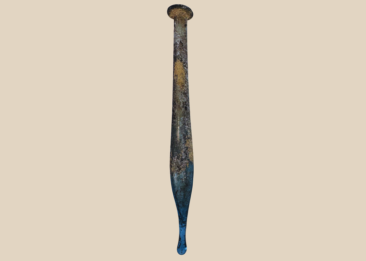 Ancient Roman blue glass candlestick unguentarium with elongated fusiform body, circa 1st–3rd Century AD