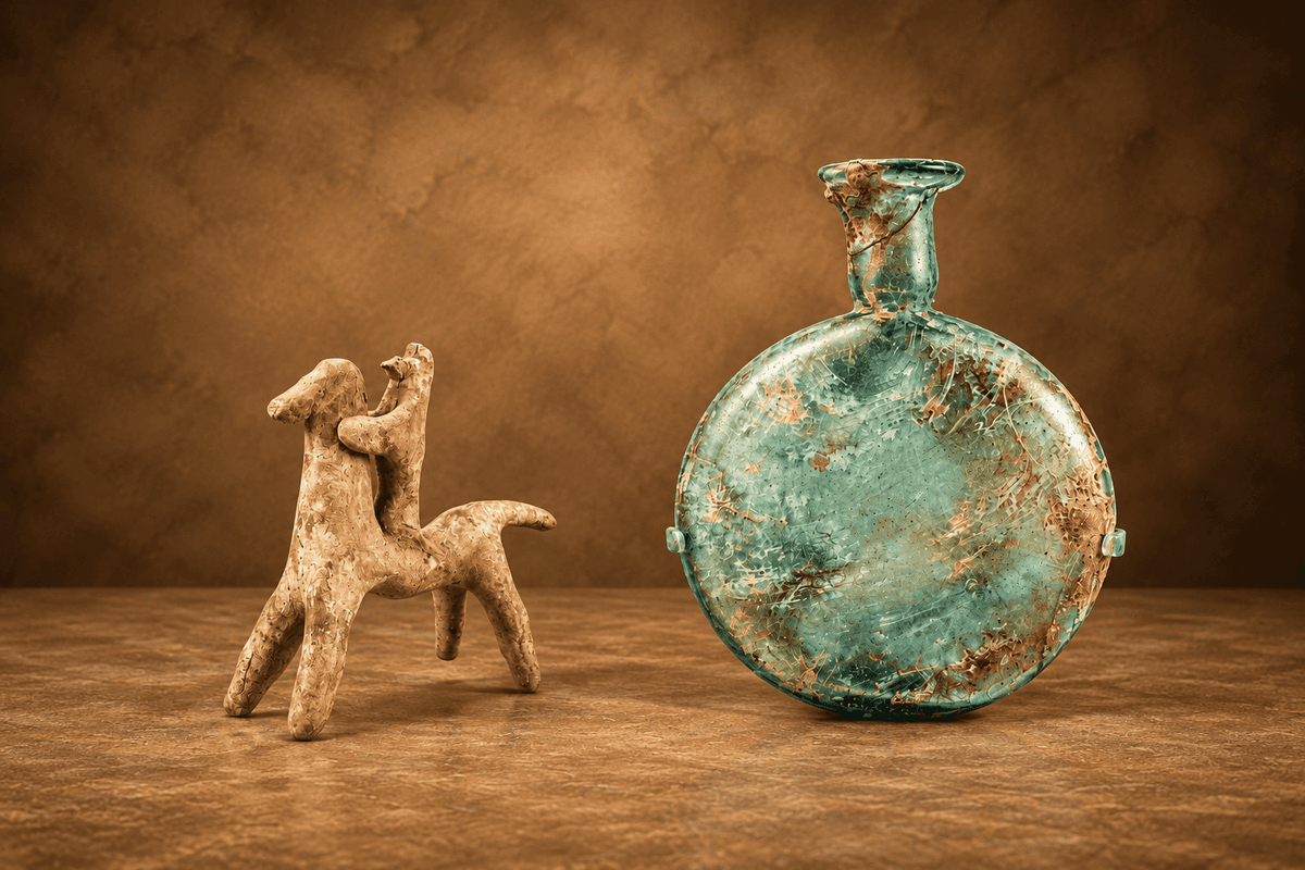 Horizontal museum-style display featuring an ancient Roman turquoise glass flask with a rounded body, flared neck, and weathered surface alongside a terracotta animal figurine, set against a warm textured brown background.