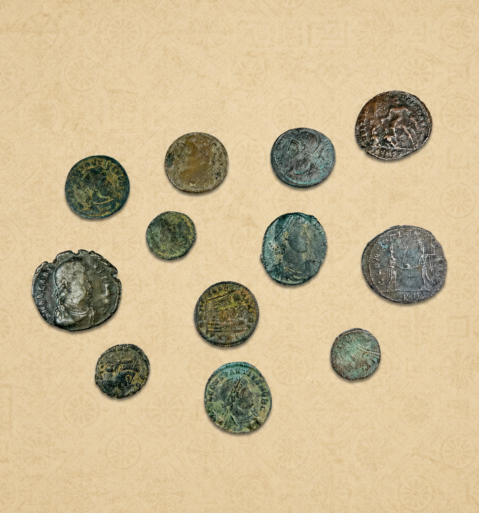 Collection of ancient Roman and Greek bronze and silver coins displayed on a textured beige background with subtle classical patterns.