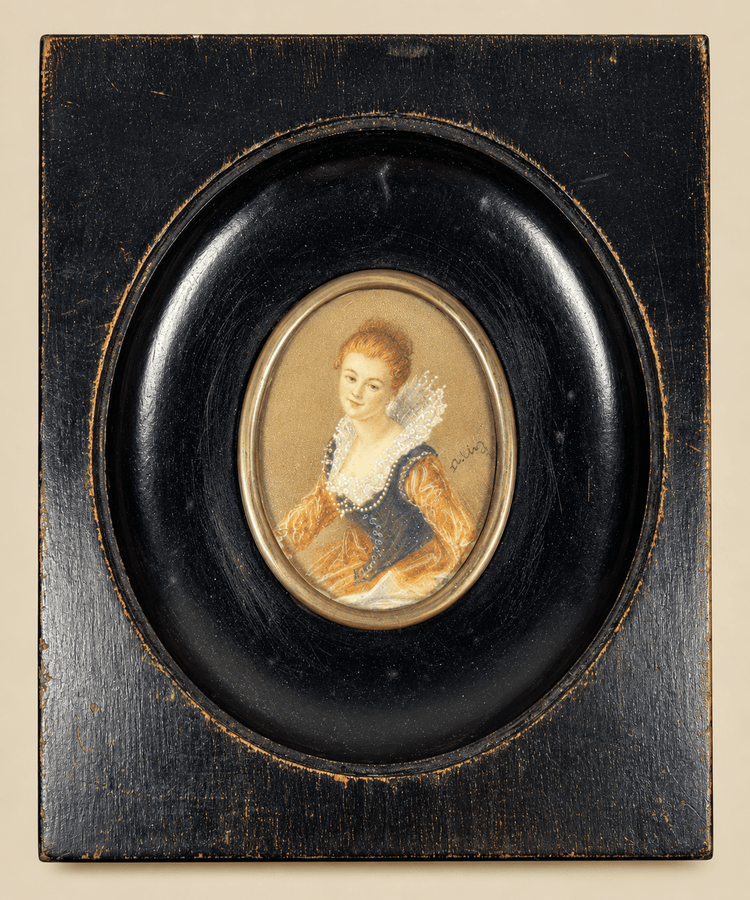 Miniatura continental: Mujer joven con gorguera de encaje | Marco ebonizado | Circa 1860-1890