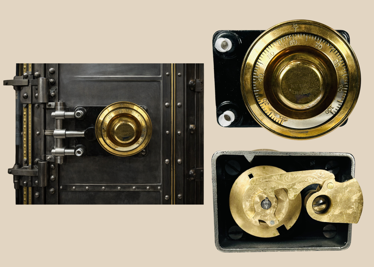 Antique Sargent and Greenleaf safe lock mechanism with brass dial front view, back view and as seen in a bank vault