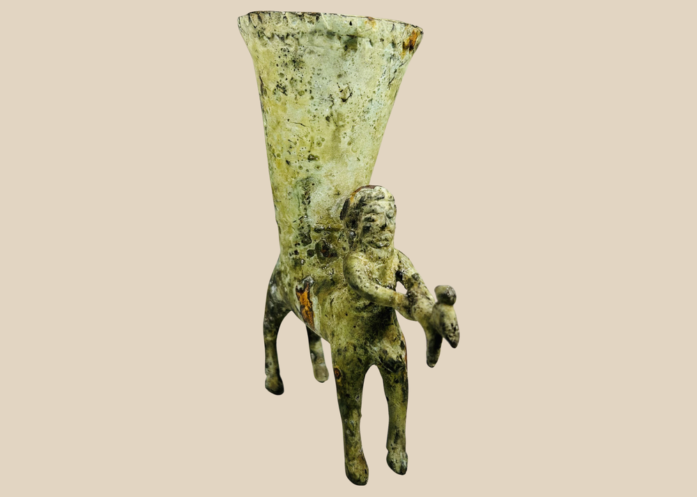 Antique bronze rhyton vessel with centaur figure holding goat
