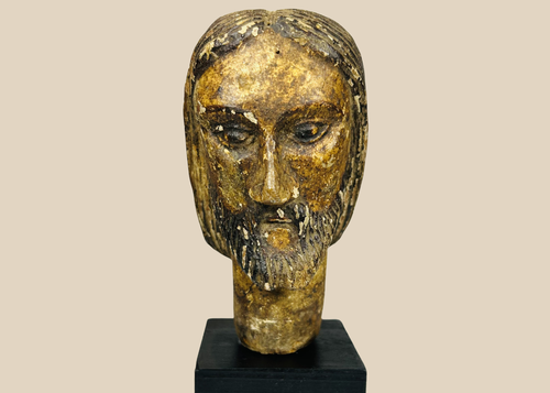 Antique carved wood head of Christ with polychrome traces