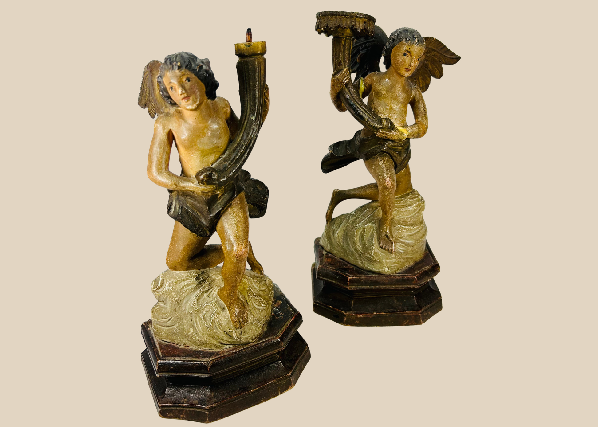 Antique hand-carved wooden angel putti figures with original polychrome and gilt