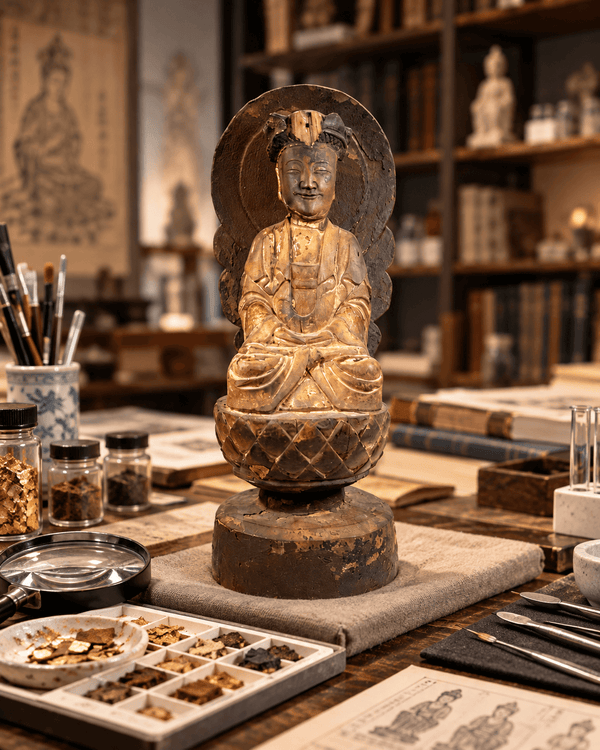 Antique Chinese Guanyin statue displayed on a research table with analysis tools and reference materials at Relic And Rarity.