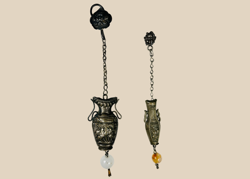 Antique Chinese silver suspended ornament with jade bead, late Qing Dynasty