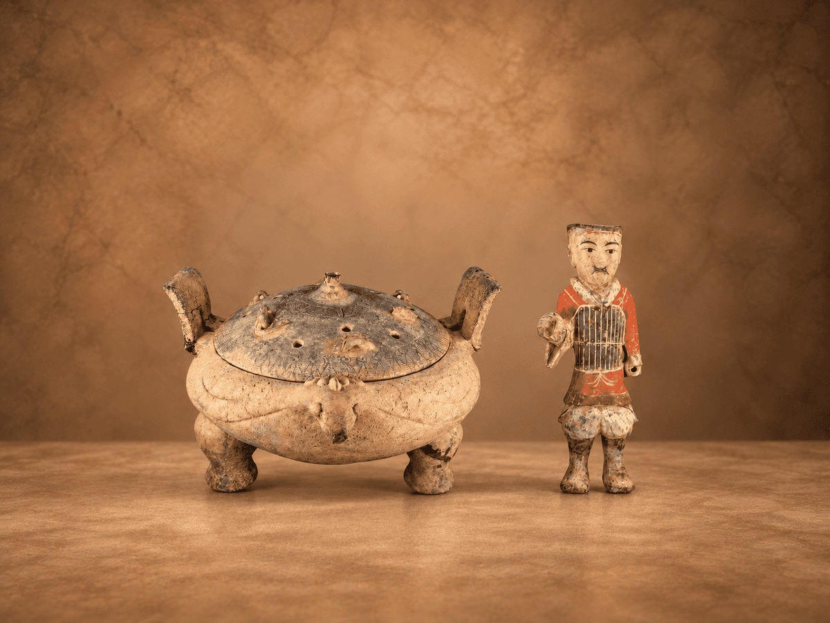 Horizontal museum-style display featuring an ornate Chinese lidded tripod vessel with carved animal details alongside a traditional painted Chinese figurine wearing red and black robes, set against a warm textured brown background.