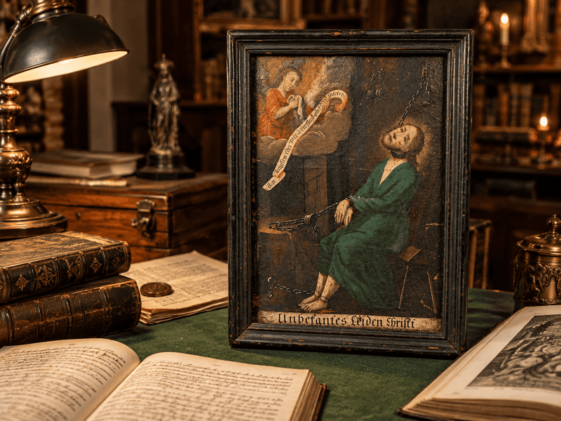 Antique devotional painting displayed with historical books and documents during provenance research at Relic And Rarity.