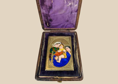 Antique enamel Madonna and Child devotional miniature in leather case