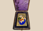 Antique enamel Madonna and Child devotional miniature in leather case