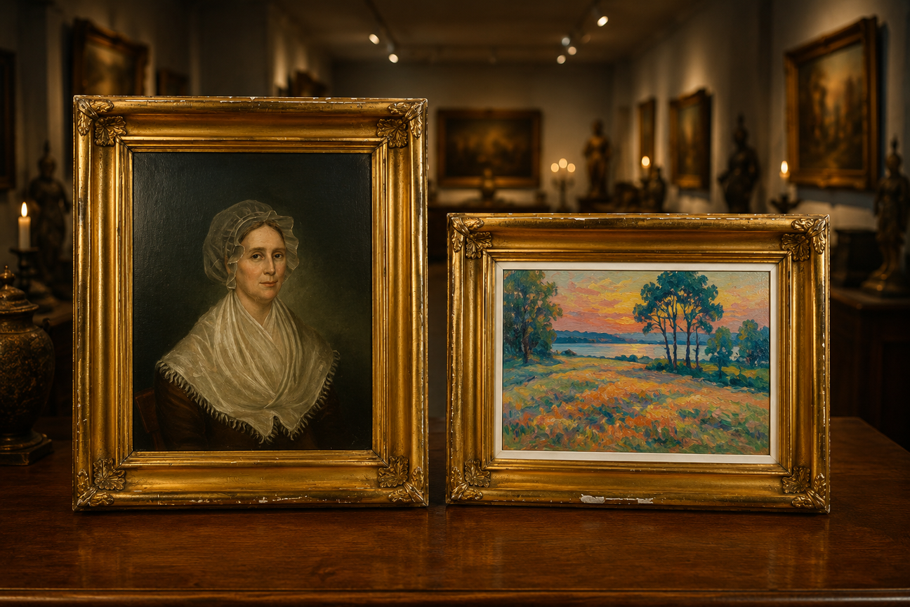 Vintage framed portrait and colorful landscape painting displayed on a polished wooden table in an elegant antique gallery, surrounded by softly lit historic artworks and museum-style décor.