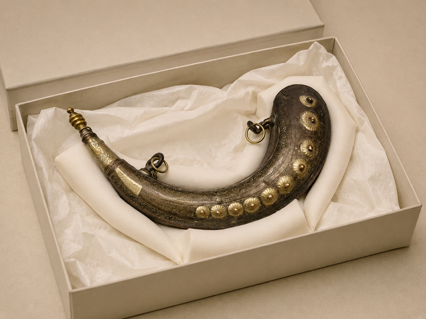 Antique Moroccan engraved brass powder horn supported in an acid-free archival storage box with protective tissue and fitted cushioning.