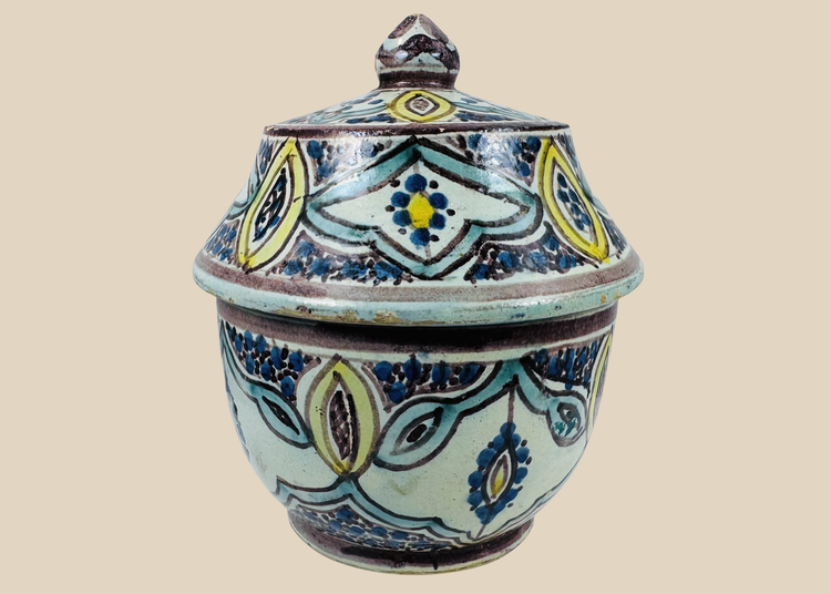 Antique Moroccan hand-painted pottery jar with fitted lid and floral decoration