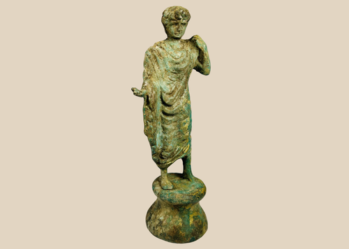 Antique neoclassical bronze draped figure sculpture with pedestal base