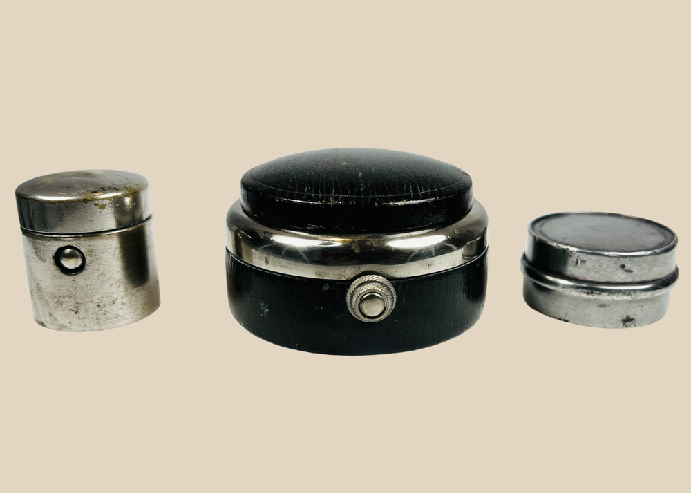 Antique portable writing set with multiple inkwell containers and metal lids