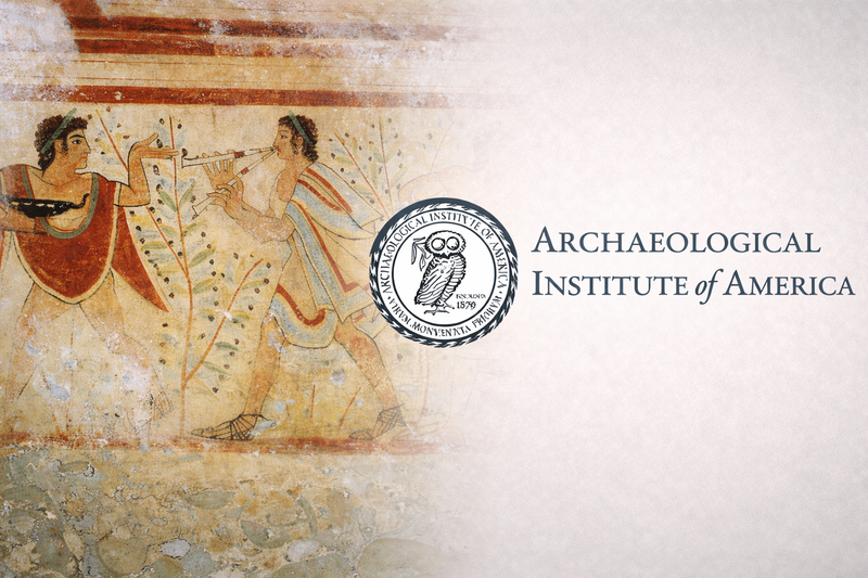 Ancient fresco artwork beside the Archaeological Institute of America logo representing classical archaeology and historical research.
