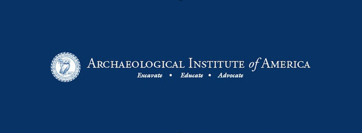 Logo of the Archaeological Institute of America with the motto Excavate, Educate, Advocate on a blue background