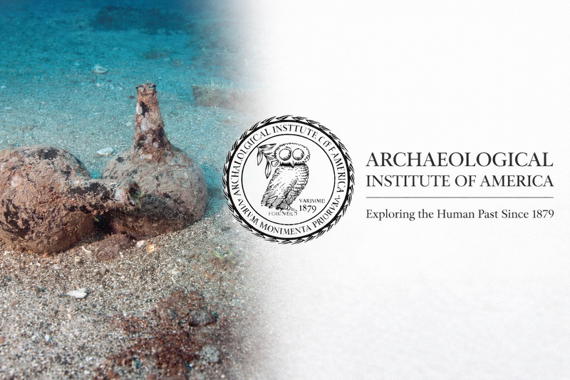 Ancient amphorae resting on the seabed at an underwater archaeological site beside the Archaeological Institute of America logo.