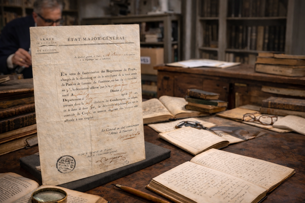 French Revolutionary era military discharge document displayed on a stand in a research library with historical books and archival materials for provenance research.