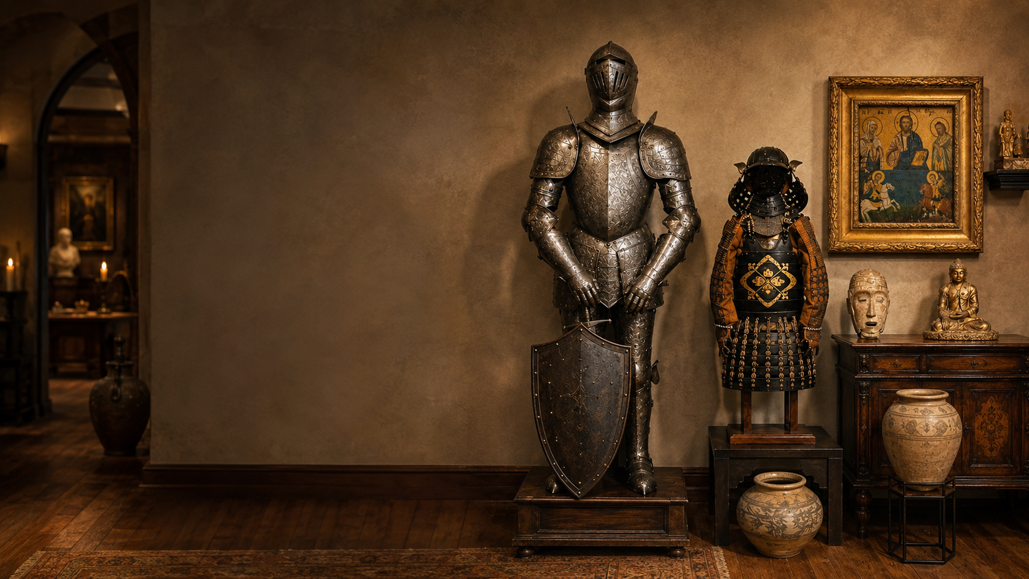 Medieval armour, samurai armour, religious art, pottery and historical artifacts displayed in a private gallery setting.
