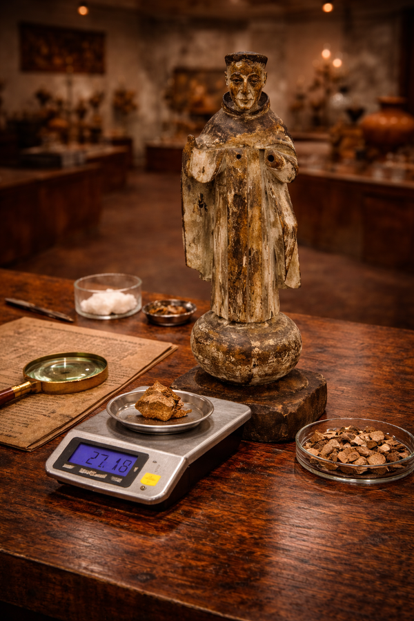 Historic wooden Santo statue undergoing artifact material analysis at Relic & Rarity