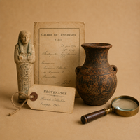 Historical artifact displayed with provenance documents, a private collection label, and magnifying glass representing authenticity and ownership history.