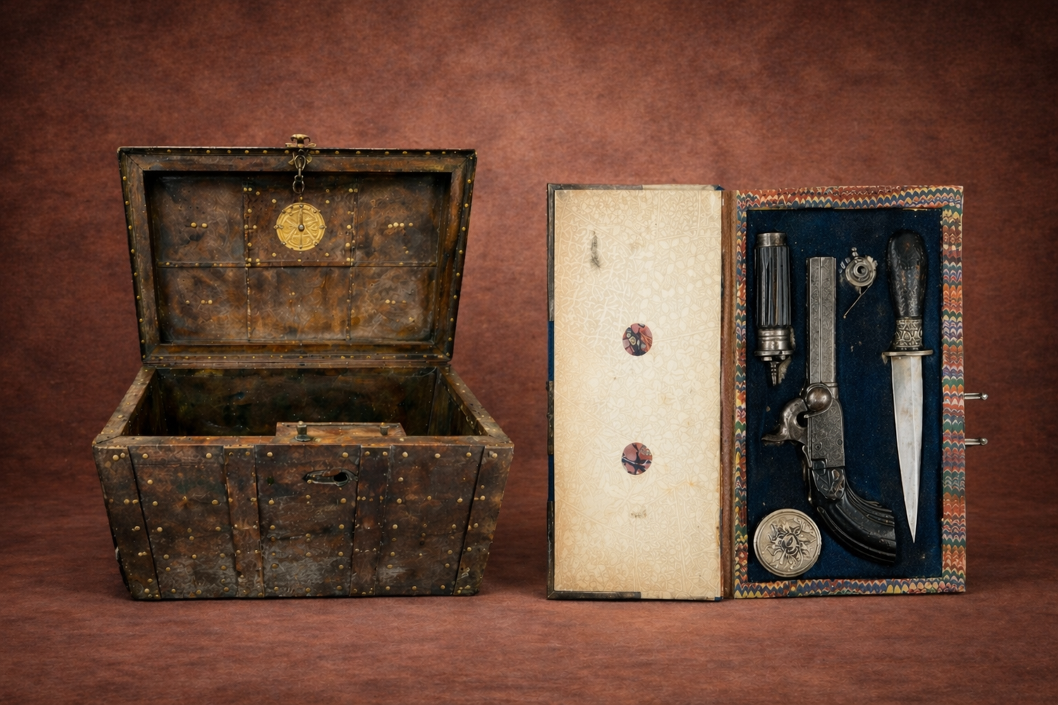 Antique trunk and curated collector set with historical objects displayed on a warm textured background representing artifacts of distinction
