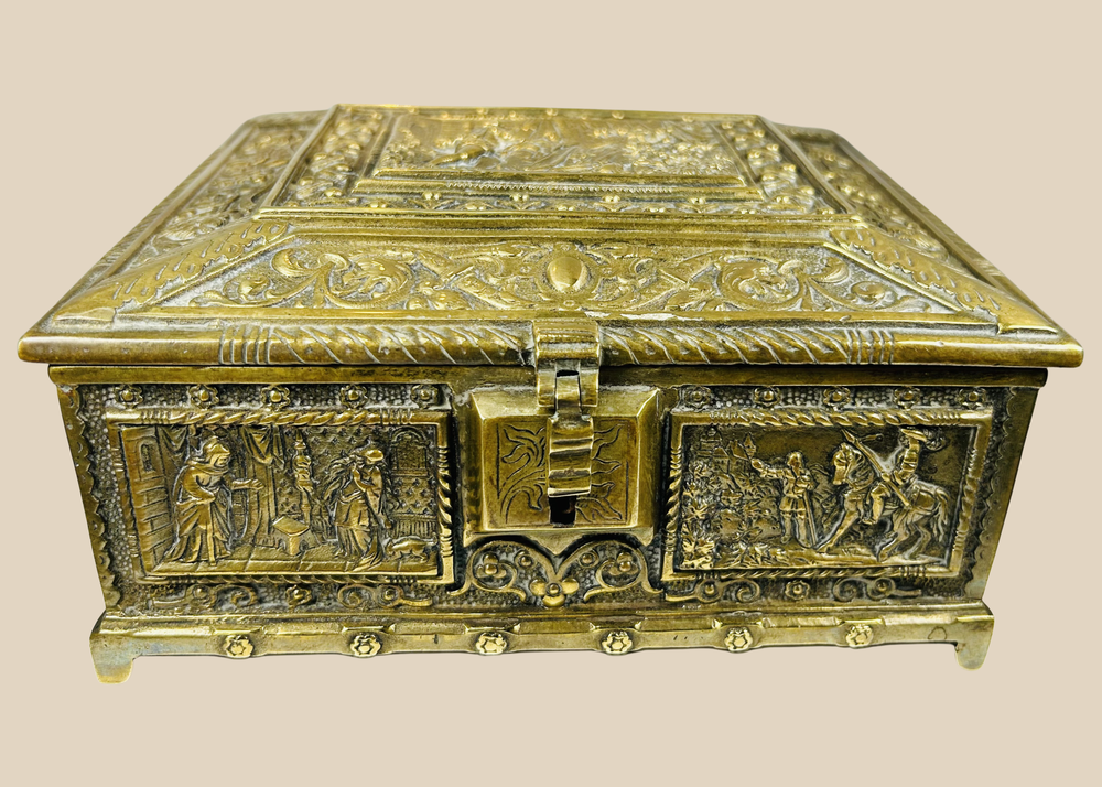 Belgian Renaissance Revival gilt bronze cigar box with figural relief panels