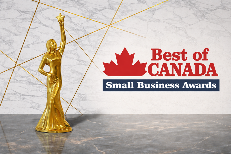 Relic & Rarity nomination for the Best of Canada Small Business Awards 2026 with gold trophy and awards logo.