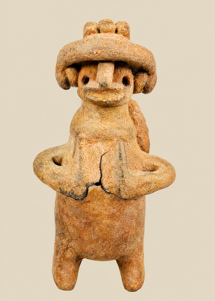 West Mexican Terracotta Effigy With Ring Headdress And Back Disk | Shaft-Tomb Tradition | Circa 100 BCE–300 CE