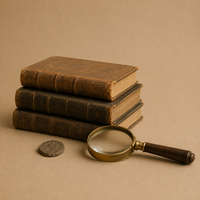 Antique books, a magnifying glass, and an aged coin representing research and knowledge in historical artifact collecting.