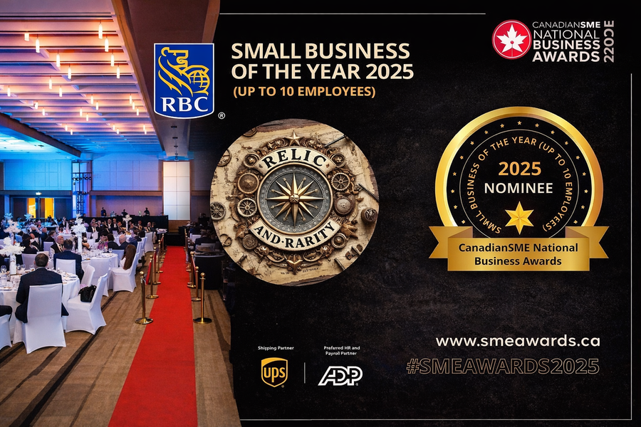 CanadianSME National Business Awards gala event with banquet hall seating and Relic & Rarity nominated for Small Business of the Year 2025.