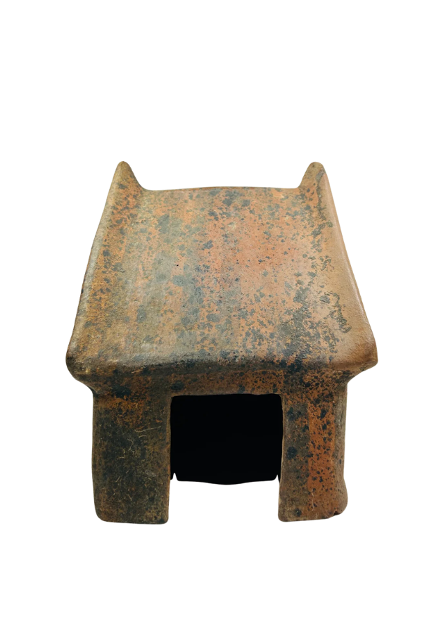 Ancient ceramic house model miniature with pitched roof and weathered patina, photographed on neutral background for Relic & Rarity collection