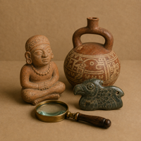 Curated group of Pre-Columbian artifacts with a pottery vessel, seated figure, carved bird pendant, and magnifying glass.