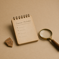 Vintage notebook, magnifying glass, and pottery fragment representing common mistakes to avoid when collecting historical artifacts.