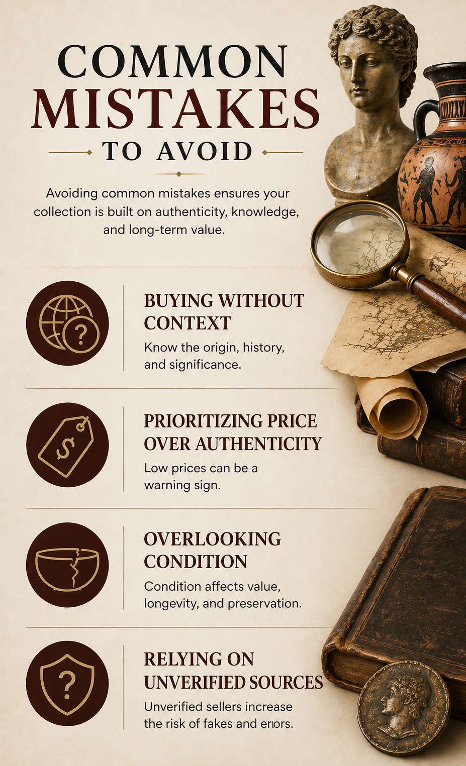 Vintage-style infographic showing common mistakes to avoid when collecting antiquities, including buying without context, prioritizing price over authenticity, overlooking condition, and relying on unverified sources