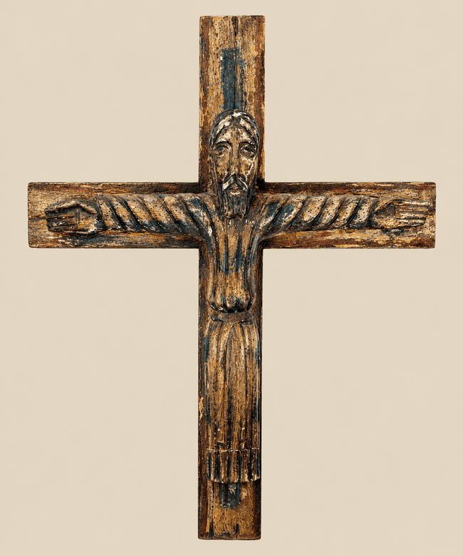 Cristo grande tallado en un crucifijo colonial español | Escultura devocional | Siglo XVIII-XIX
