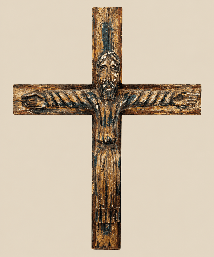 Cristo grande tallado en un crucifijo colonial español | Escultura devocional | Siglo XVIII-XIX