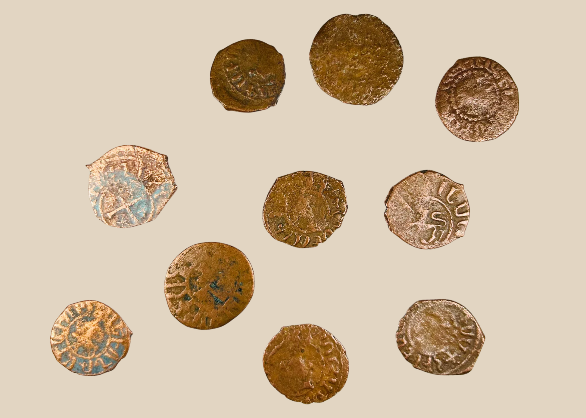Set of ten medieval Crusader bronze coins with Christian crosses and Latin inscriptions, Crusader States, 11th–13th century AD.