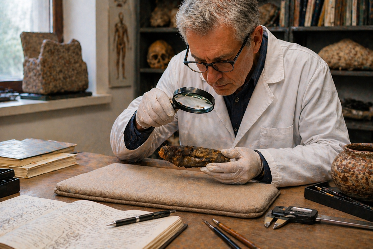 Curator in a laboratory carefully examining a small mummified hand artifact with a magnifying glass on a workbench surrounded by tools and notes