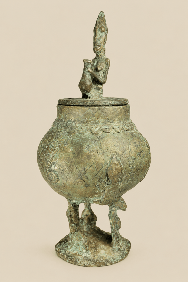 Recipiente ritual de bronce dogón | Vasija antropomórfica con tapa con figura | Siglo XIX d. C.