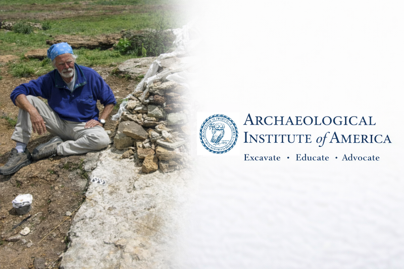 Dr. Mark Aldenderfer at a Himalayan archaeological site with the Archaeological Institute of America owl seal, representing the AIA lecture on archaeology, ritual, and the Tibetan afterlife.