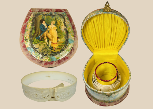 Edwardian collar box with embossed birds and pastoral scene, silk interior and detachable collars