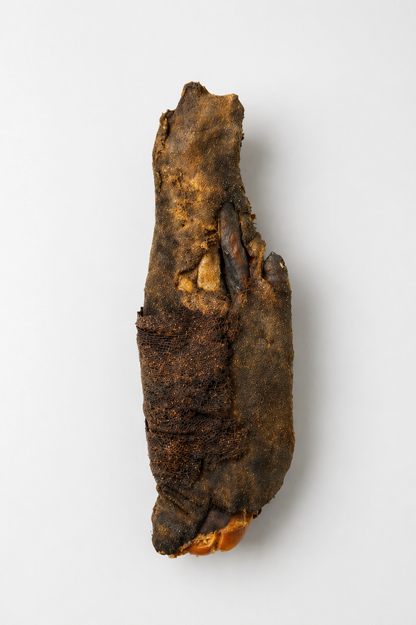 DNA-verified Ancient Egyptian mummified human hand, Late Period, showing preserved tissue, resin coating, and linen remnants on a clean studio background